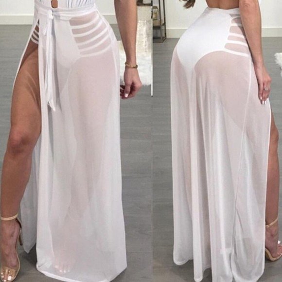 NEW high waist white sheer mesh skirt beach cover up skirt - Picture 2 of 4